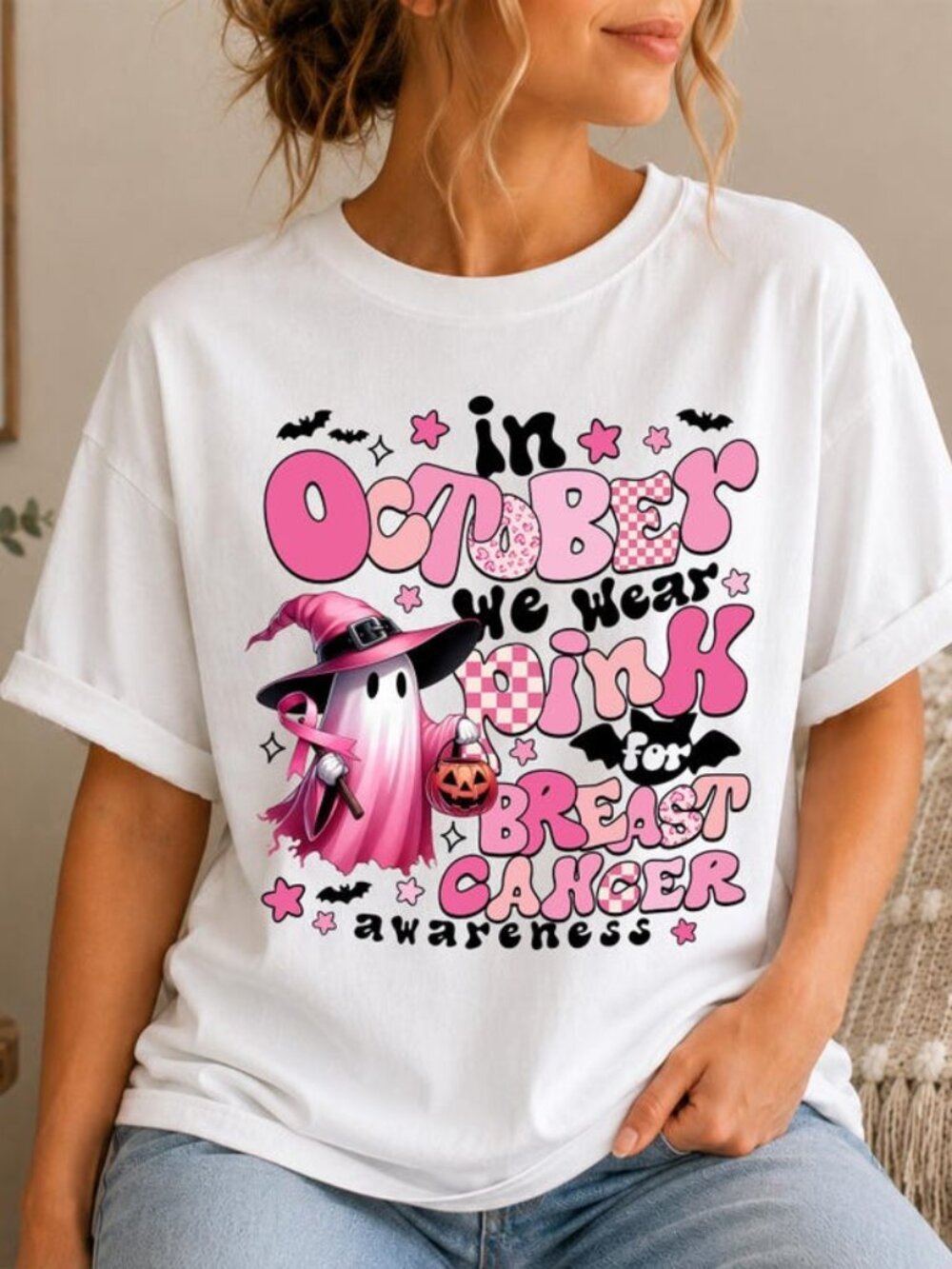 In October We Wear Pink Ghost shirt, Breast Cancer Awareness Shirt
